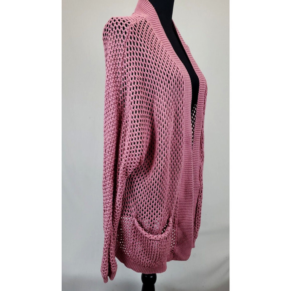 Arizona Jean Open Cardigan Fishnet Sweater Women L Pointelle Pink Pockets - Picture 2 of 11